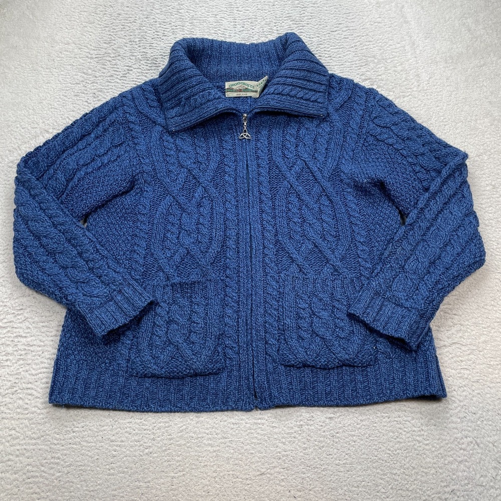 Aran Crafts Cable Knit Cardigan Womens XL 100% Merino Wool, Celtic Blue
